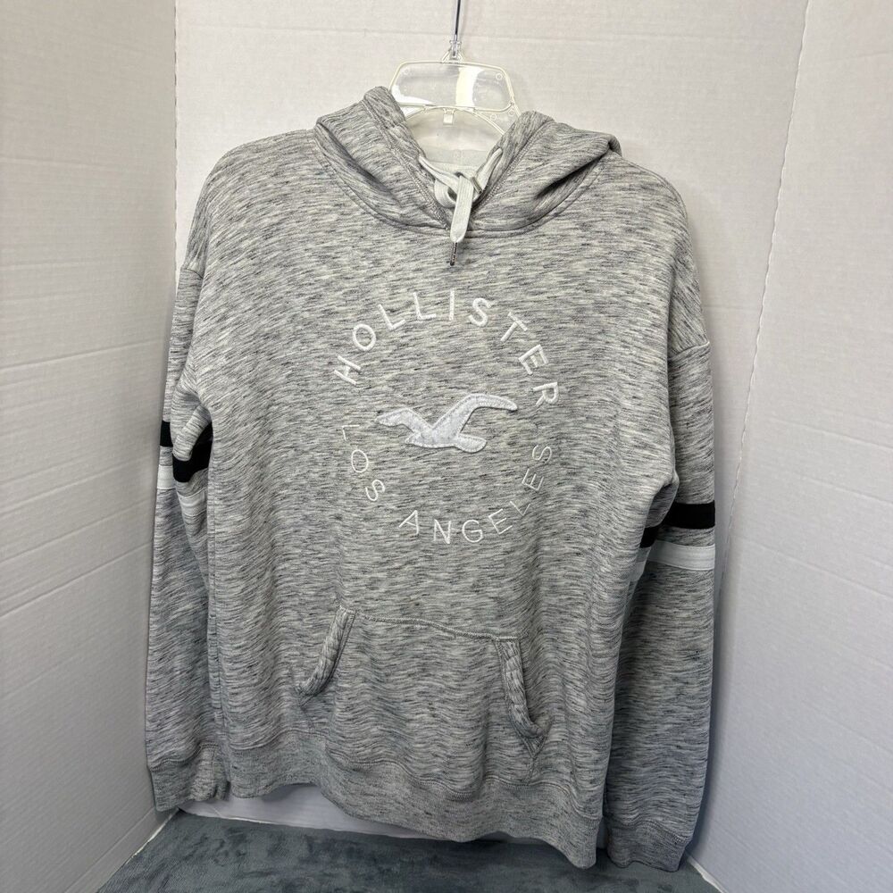 Hollister California Hoodie Women M Gray Pullover Sweatshirt Striped Sleeve